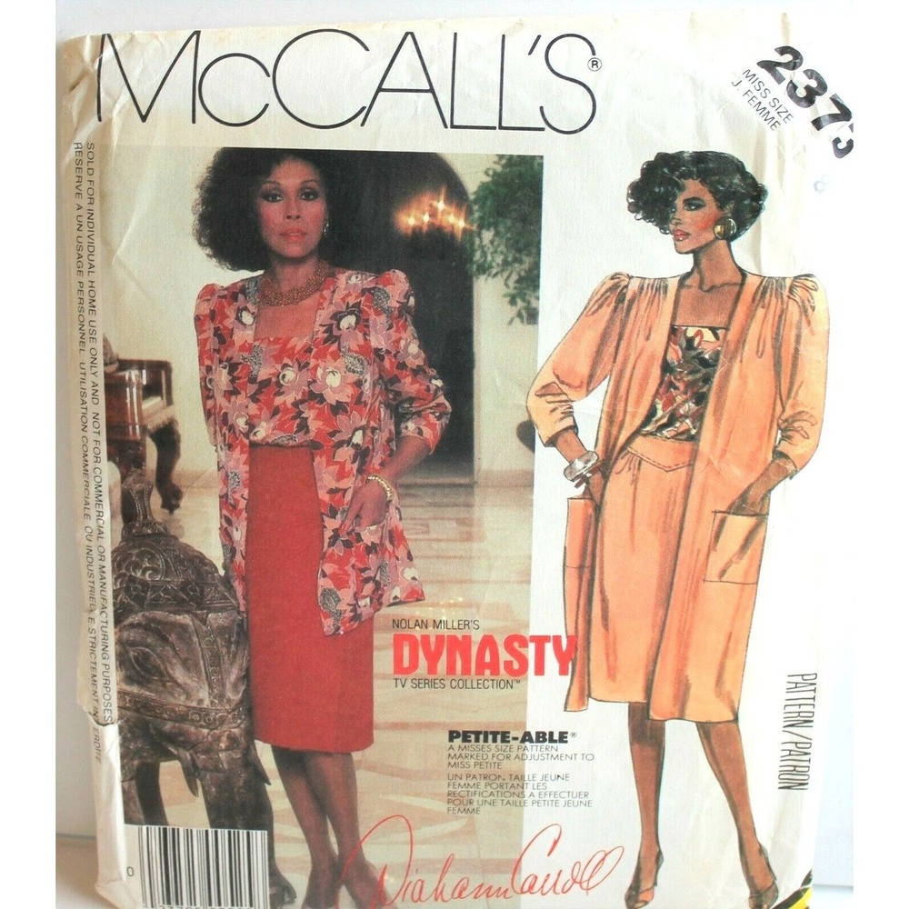 McCalls Sewing Pattern 2373 Jacket Top Skirt Size 10 Dynasty Diahann Carroll